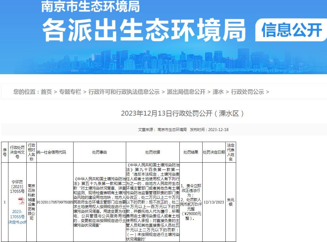 未按照規定進(jìn)行土壤污染狀況調查 南京石湫科教城建設集團有限公司被罰