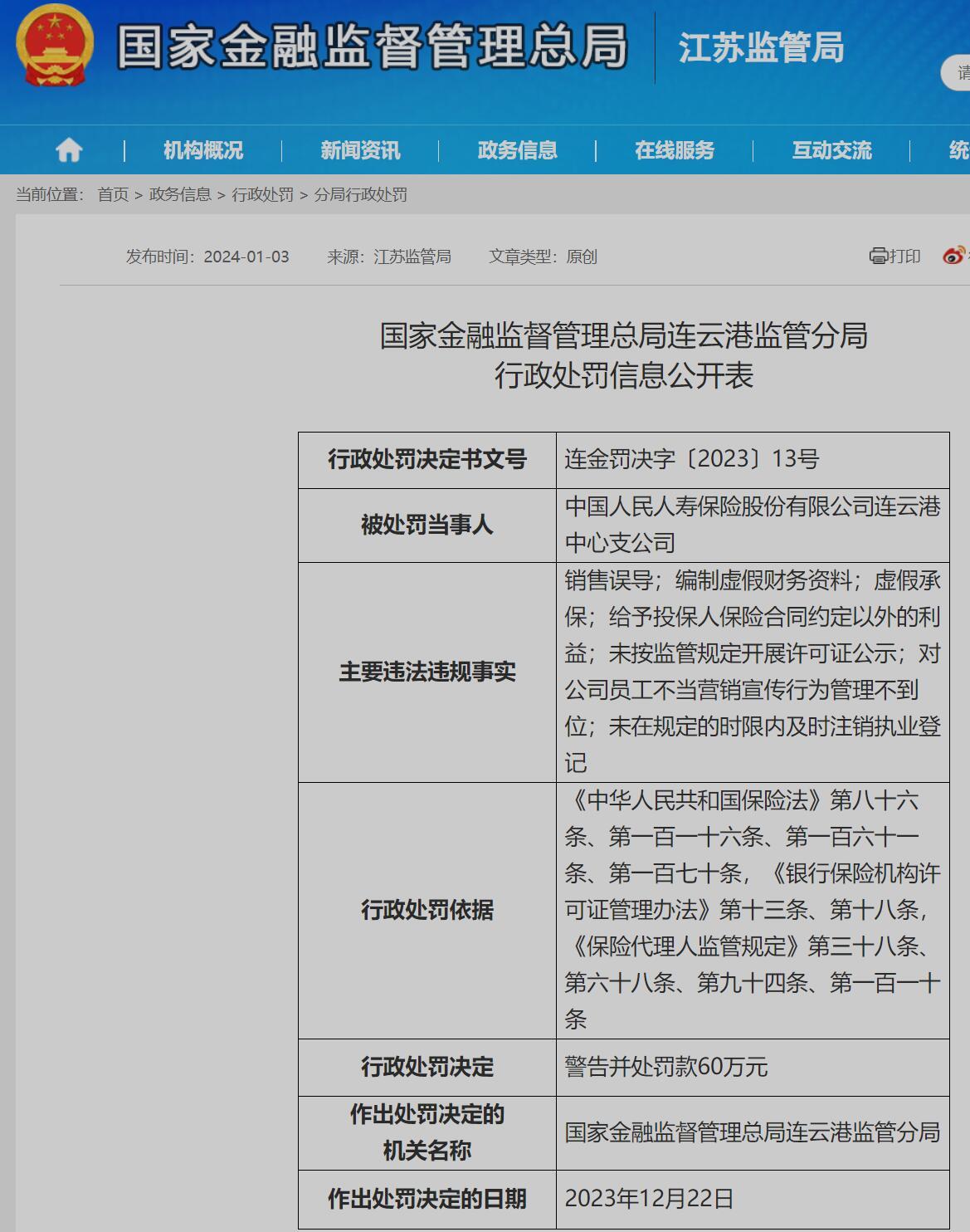 虛假承保等多項違法違規 中國人民人壽保險股份有限公司連云港中心支公司被罰60萬(wàn)元