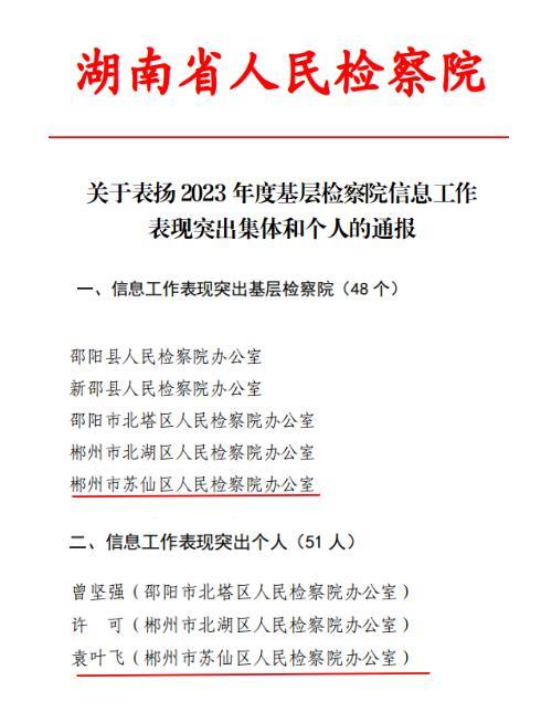 喜報！蘇仙區檢察院榮獲全省檢察機關(guān)先進(jìn)基層檢察院等多項榮譽(yù)